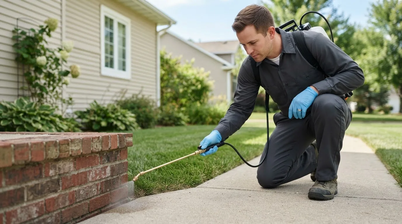 Pest control technician treating a home near New Prague, MN