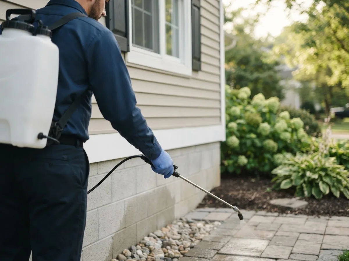 Pest control technician inspecting a home in New Prague, MN